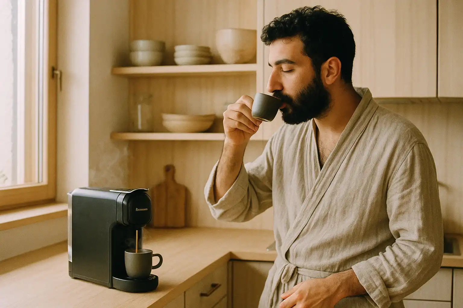 Stylish man enjoying coffee from smart coffee machine