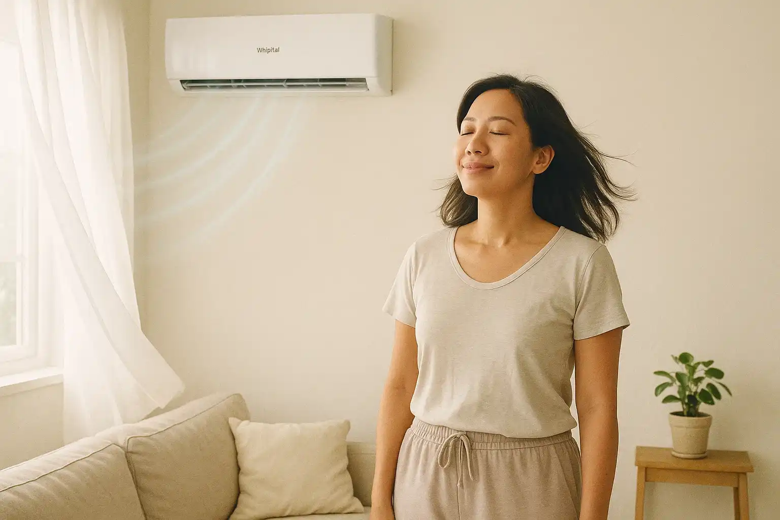 Smart air conditioner mounted in a stylish living room