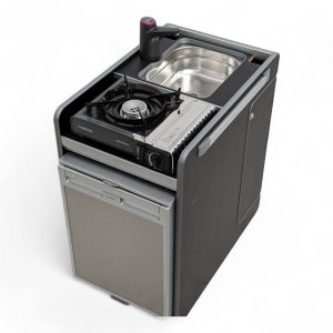 Vangear CRX-pod campervan fridge pod with Black Hex table / Door on the left